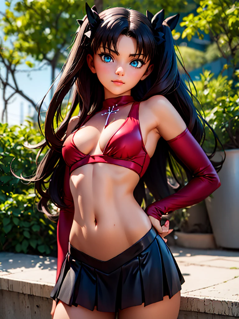 Rin Tohsaka, her face flushed very excited, fully body, work of art, top quality picture, super resolution, High definition, 4K, full hd, well defined and detailed image in the smallest details, she is wearing a red sleeveless blouse that shows off her belly and navel and her shoulders with long black sleeves, beige vest with a collar in the style of fine sportswear and a red bow tie, her breasts are exposed in a small cleavage, a sexy, short black skirt makes her even sexier, brown thigh high socks, with two black bows on top of her head, she is standing looking at the viewer playing with a lock of her hair, on the school terrace, gerar imagem de fully body