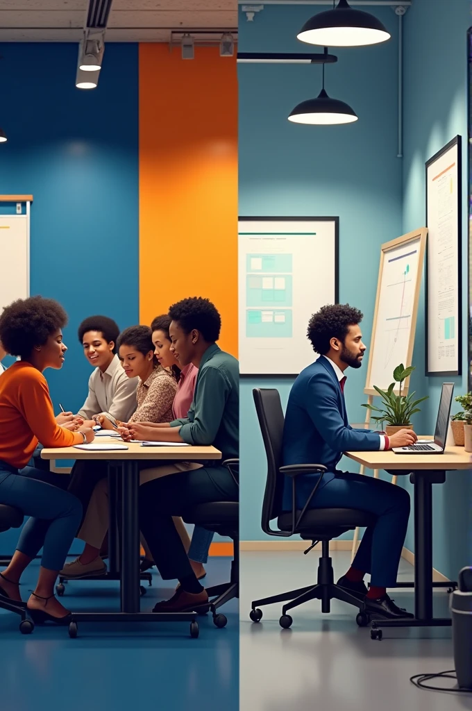 On the left show black employees brainstorming in a co working workspace and on the right show one employee working in an individual workspace wearing suits as an acccountant. The office's wall is painted in blue navy and orange. Color of the company logo.