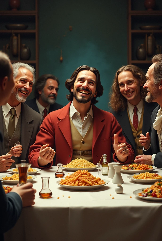 Create an image of Jesus' Last Supper with Nikola Tesla's characters , Michael Faraday and Benjamin Franklin and the important electrical physicists in history ,with a cheerful countenance and show their face clearly (with only the first name of each person legible ,make the image more realistic