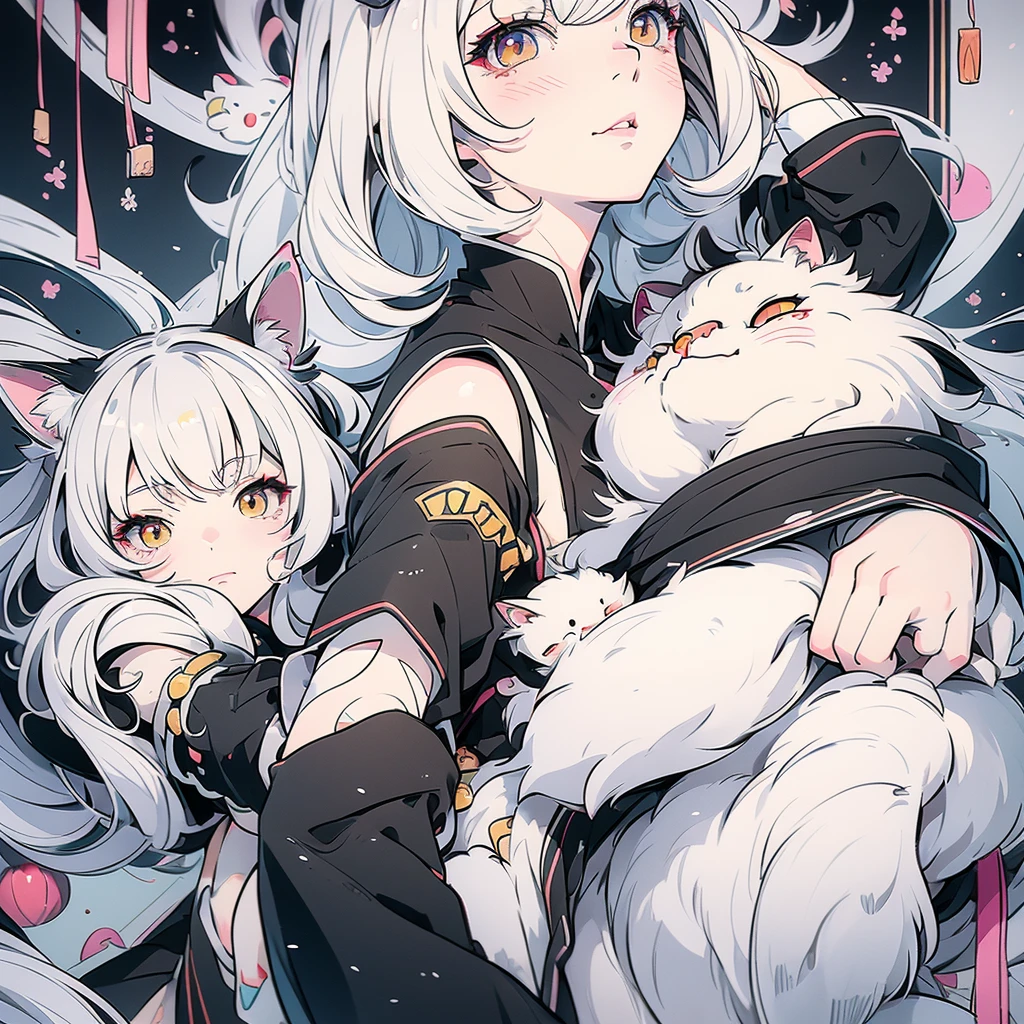Anime girl with white hair and a black cat on her head, an anime drawing by Yanagawa Nobusada, Topics on pixiv, fur art, Cat girl, white Cat girl, anime Cat girl, Cat girl, beautiful anime Cat girl, attractive Cat girl, very beautiful anime Cat girl, Anime-style illustrations, Anime Cover, nekomimi