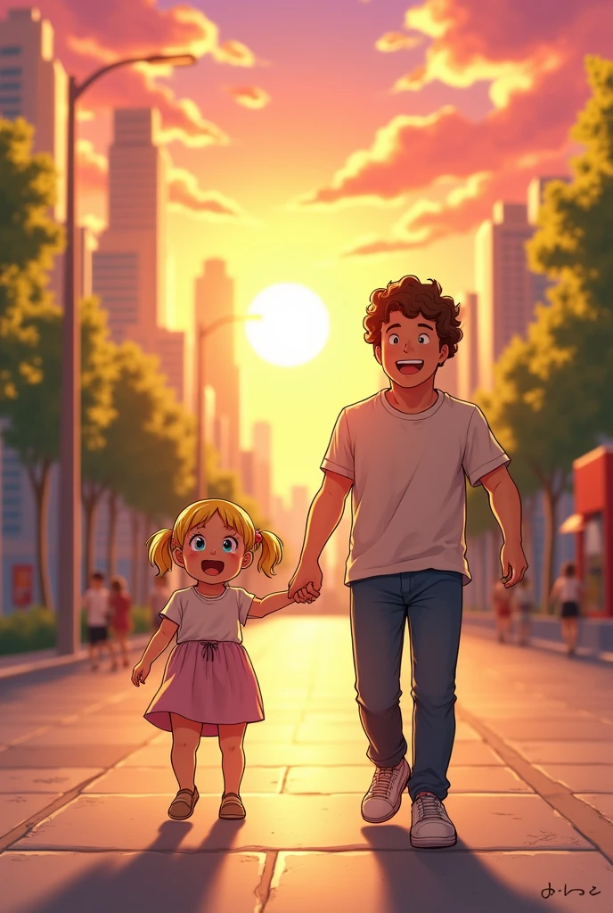 Create a manga-style scene depicting a joyful moment between an adult man and a one-and-a-half-year-old girl as they walk hand in hand, laughing together. The is blonde with bright blue eyes and has her hair styled in pigtails. The man has curly brown hair. They are walking in a large city at sunset, with the warm golden light casting long shadows on the pavement. The city's skyline, with tall buildings and bustling streets, is visible in the background, while the sky is painted in shades of orange and pink. The overall mood is heartwarming and full of happiness.