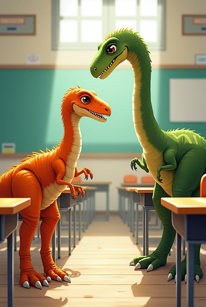 Create a drawing for a book featuring an orange Velociraptor and a green Brachiosaurus in a classroom