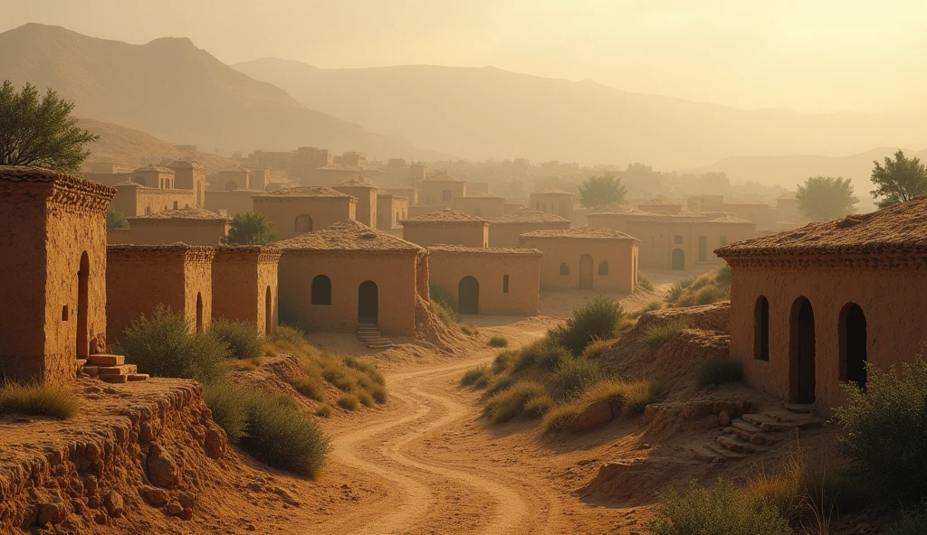 An ancient village from the time of the Israelites, showing mud houses and the surrounding nature. The sky is tinged with light mist, giving a sense of mystery.
