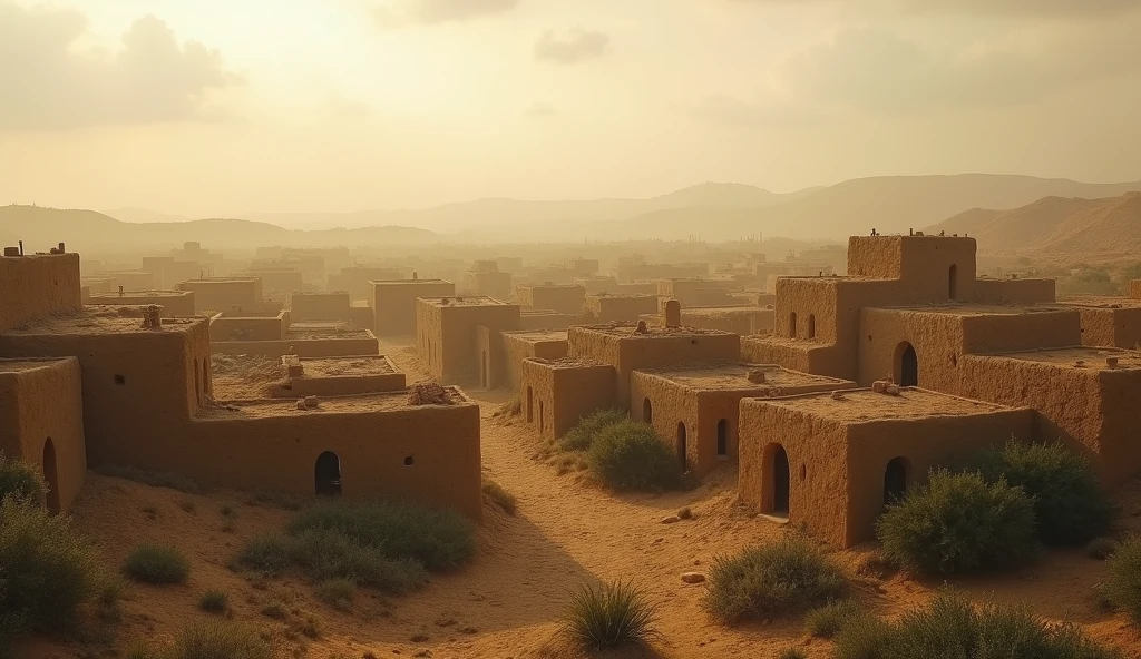 An ancient village from the time of the Israelites, showing mud houses and the surrounding nature. The sky is tinged with light mist, giving a sense of mystery. 