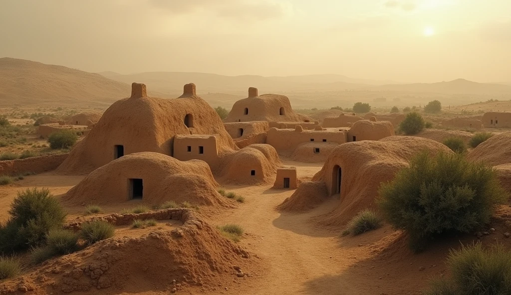 An ancient village from the time of the Israelites, showing mud houses and the surrounding nature. The sky is tinged with light mist, giving a sense of mystery. 