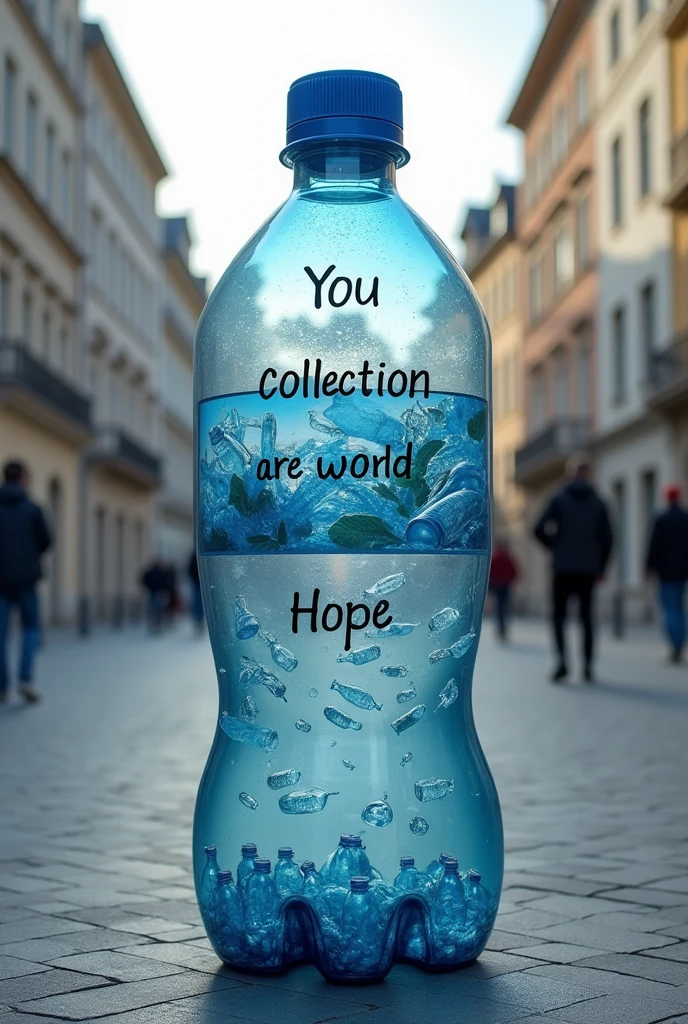 Make a collection point on a street in the shape of a bottle with the phrase in the upper middle: You can change the world, followed by an image of environmental pollution from plastic bottles and below a hope followed by a small rectangular windmill that tells the time and below a transparent space where the bottles can be seen
