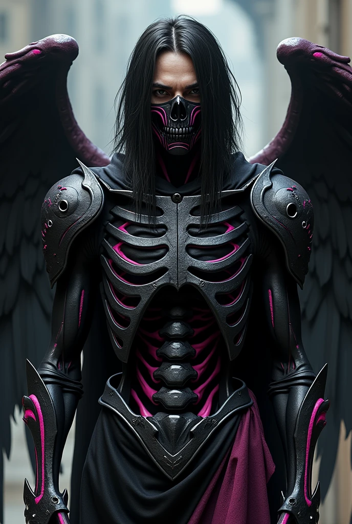 My character is a man, he has hair down to his eyebrows, he has black glasses, a black mask with skulls, he has a black skeleton with pink, he wears black gloves with pink on the back, he has angel wings as pants, he has armor
