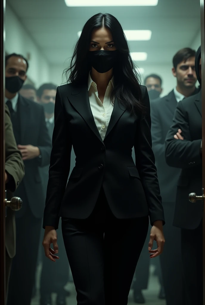 Black haired woman dressed in formal black suit without tie with face mask, robbing the bank with frightened hostages