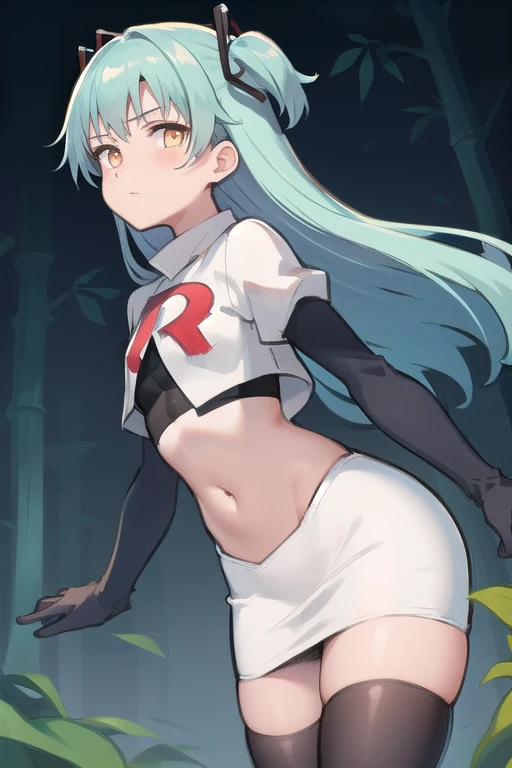 best quality, (masterpiece:1.2), illustration, absurdres,
(1girl, solo), (beautiful detailed girl),
Tio Plato, yellow eyes, aqua hair, long hair, two side up, small breasts,
fake animal ears,
team rocket,team rocket uniform,white skirt,red letter R,crop top,black thigh-highs,black elbow gloves,
looking at viewer,
in bamboo forest, stream,,
cowboy shot,