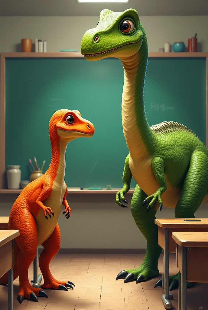 Create a drawing for a book featuring an orange Velociraptor and a green Brachiosaurus in a classroom