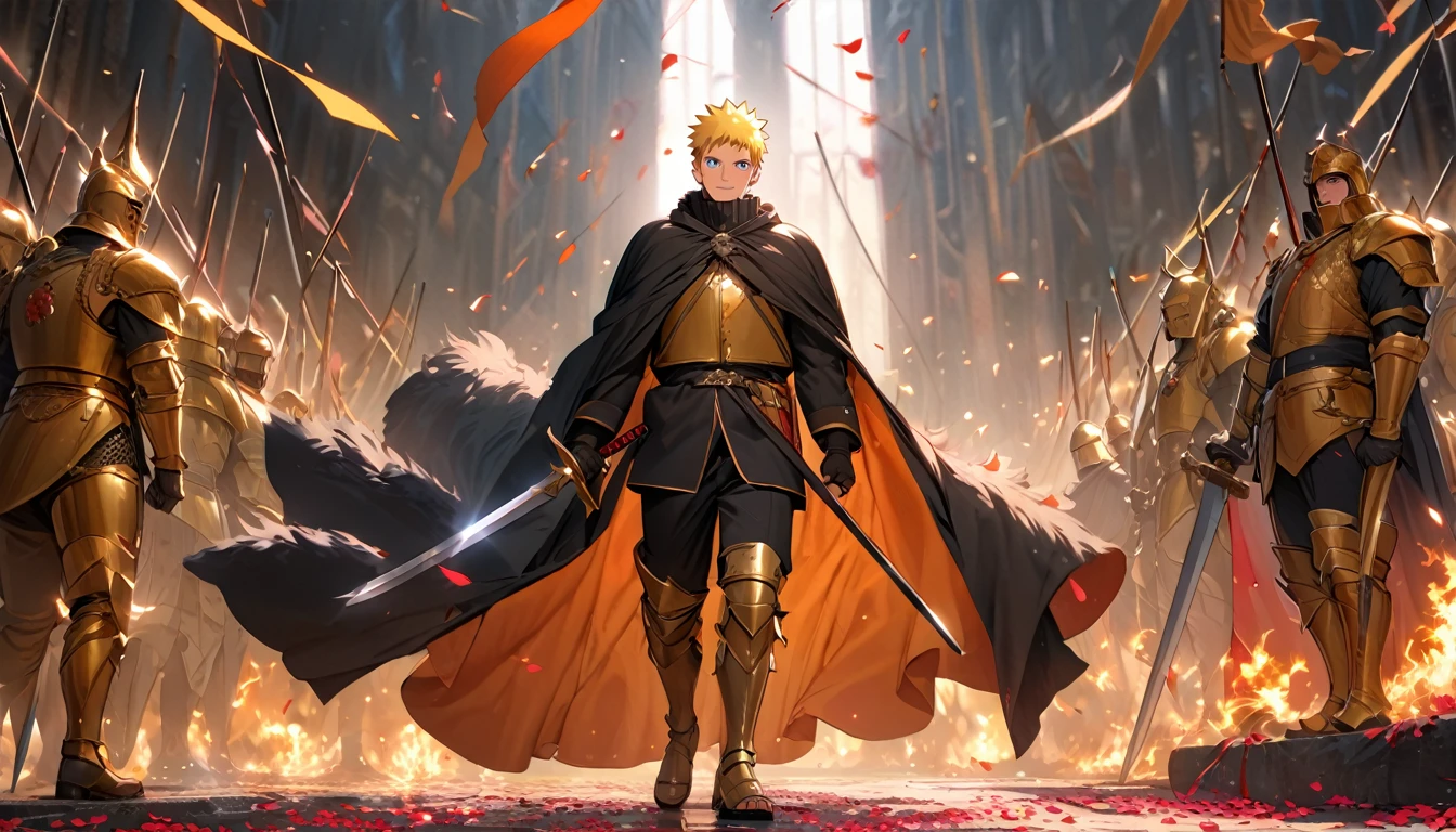 8k, best quality, masterpiece, highly detailed, semi realistic, 1 boy, mature male, 20 years old, yellow hair, short hair, curtain bangs, blue pupils, golden armor, black fluffy pants, golden iron boots, redblack fluffy brimmed cloak, wielding sword, knight, coronation ceremony，War, flames, bloodstains，Lily, petal rain，banner, uzumaki naruto,  from front,  masculine, tall, handsome