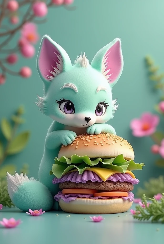 A realistic kitsune-themed burger/fox burger colors very pastel green and lilac purple in a harmonious way very eye-catching