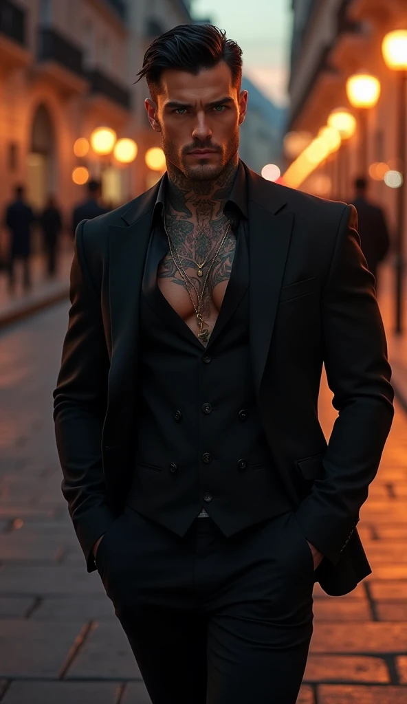 A tall, muscular, broad-shouldered, athletic physique of a 30yo Italian man, wearing a black Armani suit with the top two shirt buttons open and the sleeves rolled up half way, he has tattoos on his neck and arms, confident body language and intense expression, strikingly handsome face with a perfectly defined jawline and vibrant skin, short black hair, bright green coloured eyes, ((finely detailed eyes)), highly detailed illustration, walking down the of the urban city at midnight, deep focus, d & d, fantasy, intricate, digital painting, artstation, concept art, sunset, matte, sharp focus, ultrarealistic, Mysterious and seductive atmosphere.