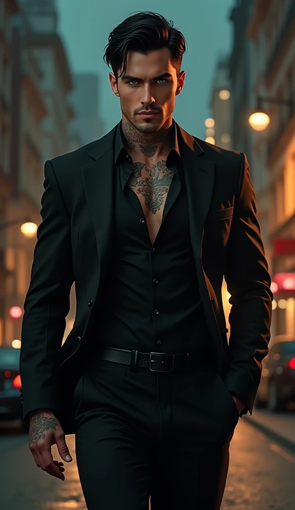 A tall, muscular, broad-shouldered, athletic physique of a 30yo Italian man, wearing a black Armani suit with the top two shirt buttons open and the sleeves rolled up half way, he has tattoos on his neck and arms, confident body language and intense expression, strikingly handsome face with a perfectly defined jawline and vibrant skin, short black hair, bright green coloured eyes, ((finely detailed eyes)), highly detailed illustration, walking down the of the urban city at midnight, deep focus, d & d, fantasy, intricate, digital painting, artstation, concept art, sunset, matte, sharp focus, ultrarealistic, Mysterious and seductive atmosphere.