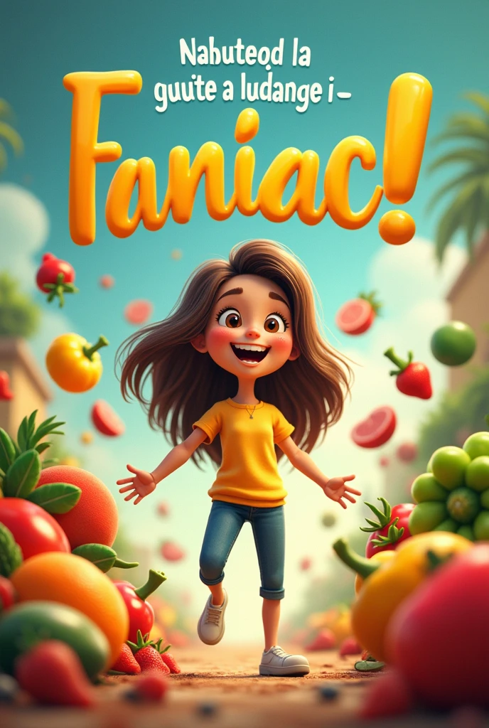 An advertisement with a creative phrase in the Spanish language that encourages the consumption of healthy foods , The ad features a person and animated fruits or vegetables. 