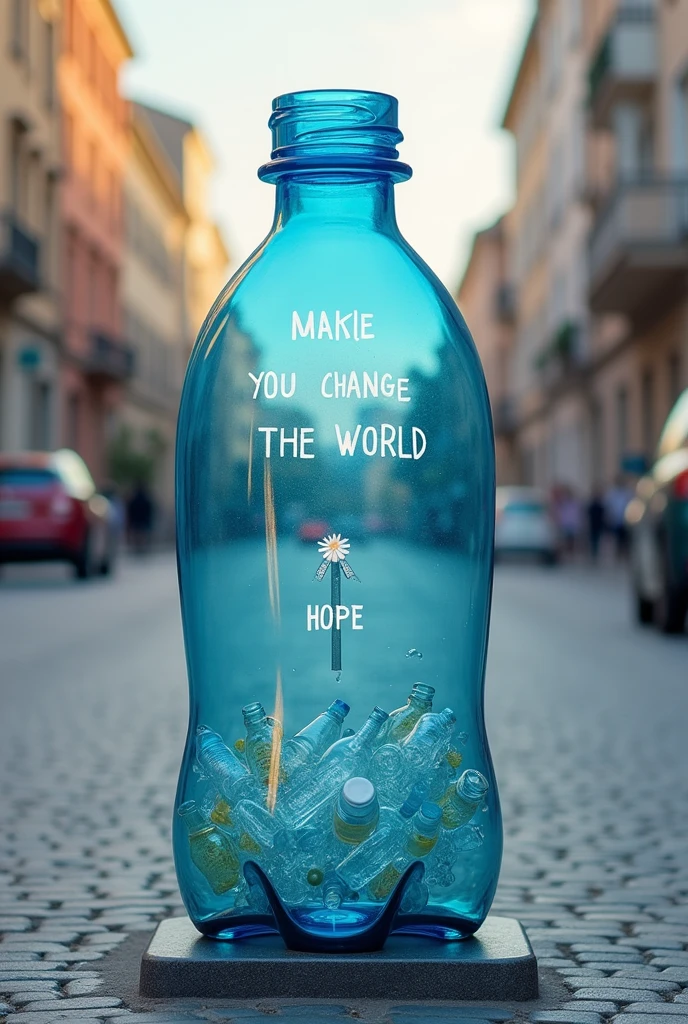 Make a collection point on a street in the shape of a bottle with the phrase in the upper middle: You can change the world, followed by an image of environmental pollution from plastic bottles and below a hope followed by a small rectangular windmill that tells the time and below a transparent space where the bottles can be seen