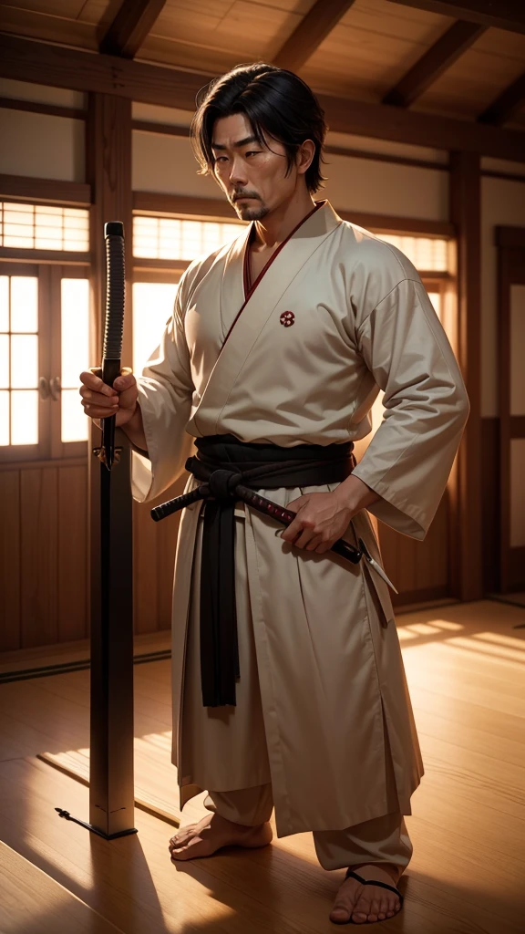 ((4k)) Hiroshi in a wooden dojo, practicing sword moves. His master, an older samurai, watches intently.