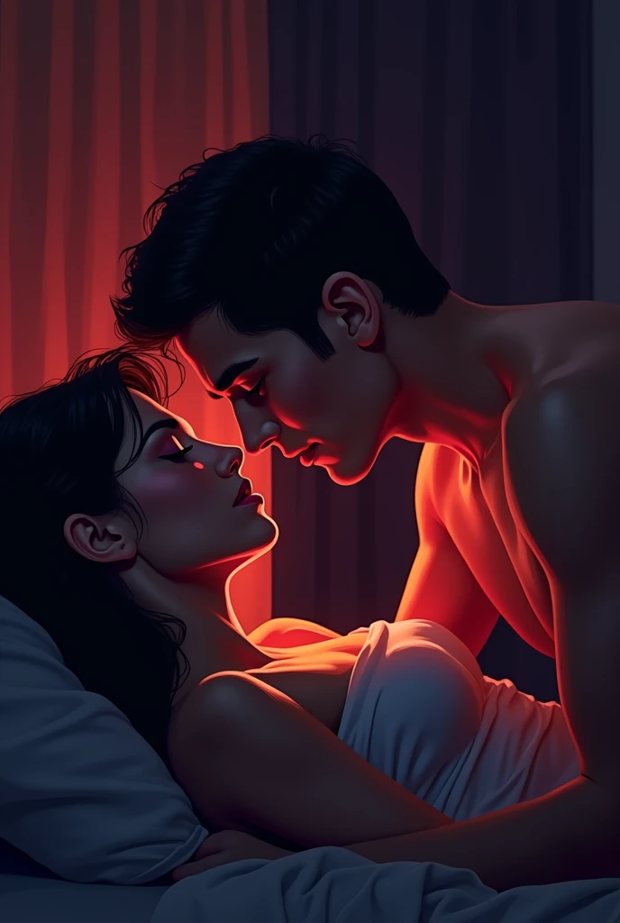 "Create vector art of a couple in a dimly lit room, where the woman is lying down and the man leans over her. Focus on facial expressions of passion and anticipation, using strong tones and shadows to create depth and emphasis.popart, hq