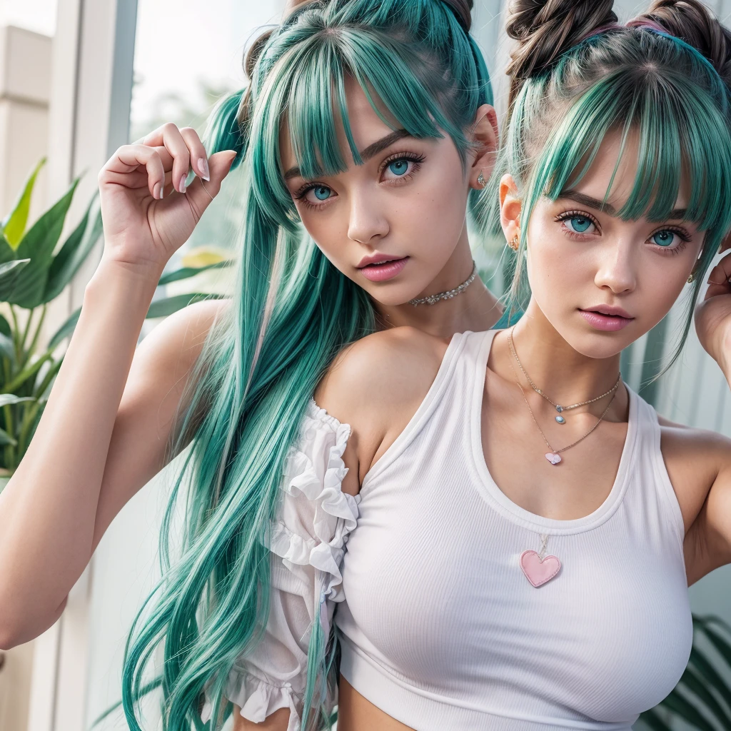 、Realistic anime 3D style、beautiful bright mint green hair、intense green eyes、strong eye highligh bangs、long eyelashes、A teal-blue eyed girl with dark-purple twin buns White twin Srunchies with Pink trimmings are around twin bun.Long curly strands of hair by her neck and sides of each ear. Wearing a detached ruffles vermillon sleeves  a white tank top with pink hearts covering the leather  with dark brown spheres radiating blue energy swirls around her