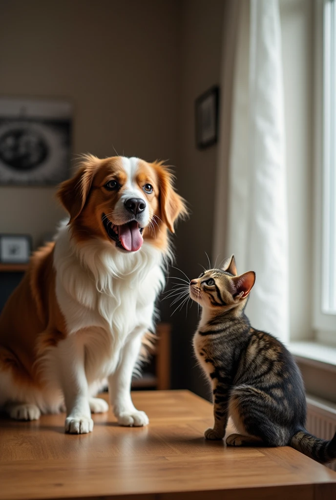 A dog standing on a table while a cat is watching