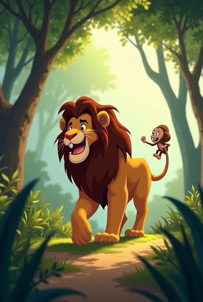 Animated image of a lion walking through the jungle with a wider background, Then the lion and the monkey start playing under the tree., in a hurry