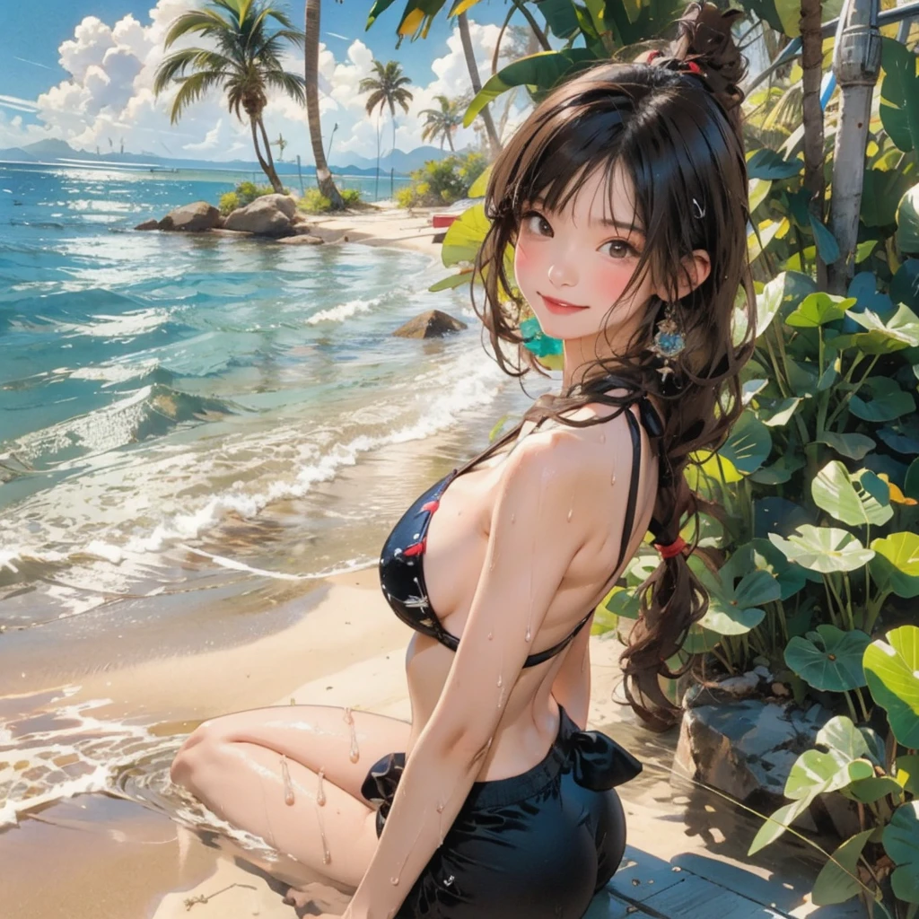 ((highest quality, masterpiece, High resolution)), ((reality)),Photos of beautiful Japanese women,((anime art))、 (((1 girl))), normal size breasts, slim body shape, long ponytail,double eyelid, Wet see-through micro bikini, A pareo with bold ethnic patterns and plenty of primary colors、(Brown skin:1.4),realistic skin、Wet,whole body,cinematic light、tropical、Against the background of palm trees on both sides、on a sunny beach、With the sea in the background、blur background、smile