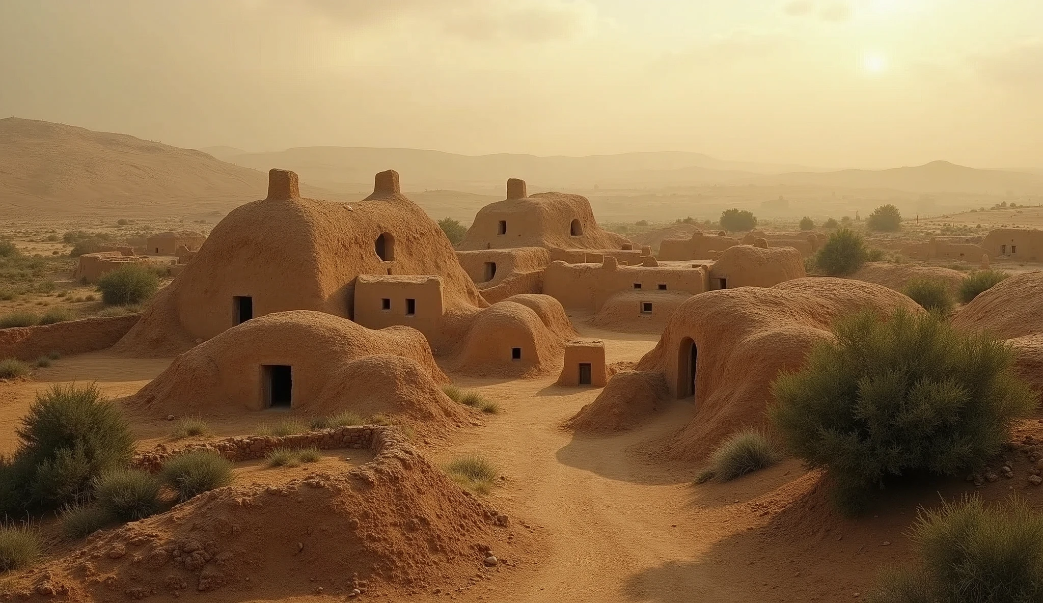 An ancient village from the time of the Israelites, showing mud houses and the surrounding nature. The sky is tinged with light mist, giving a sense of mystery.