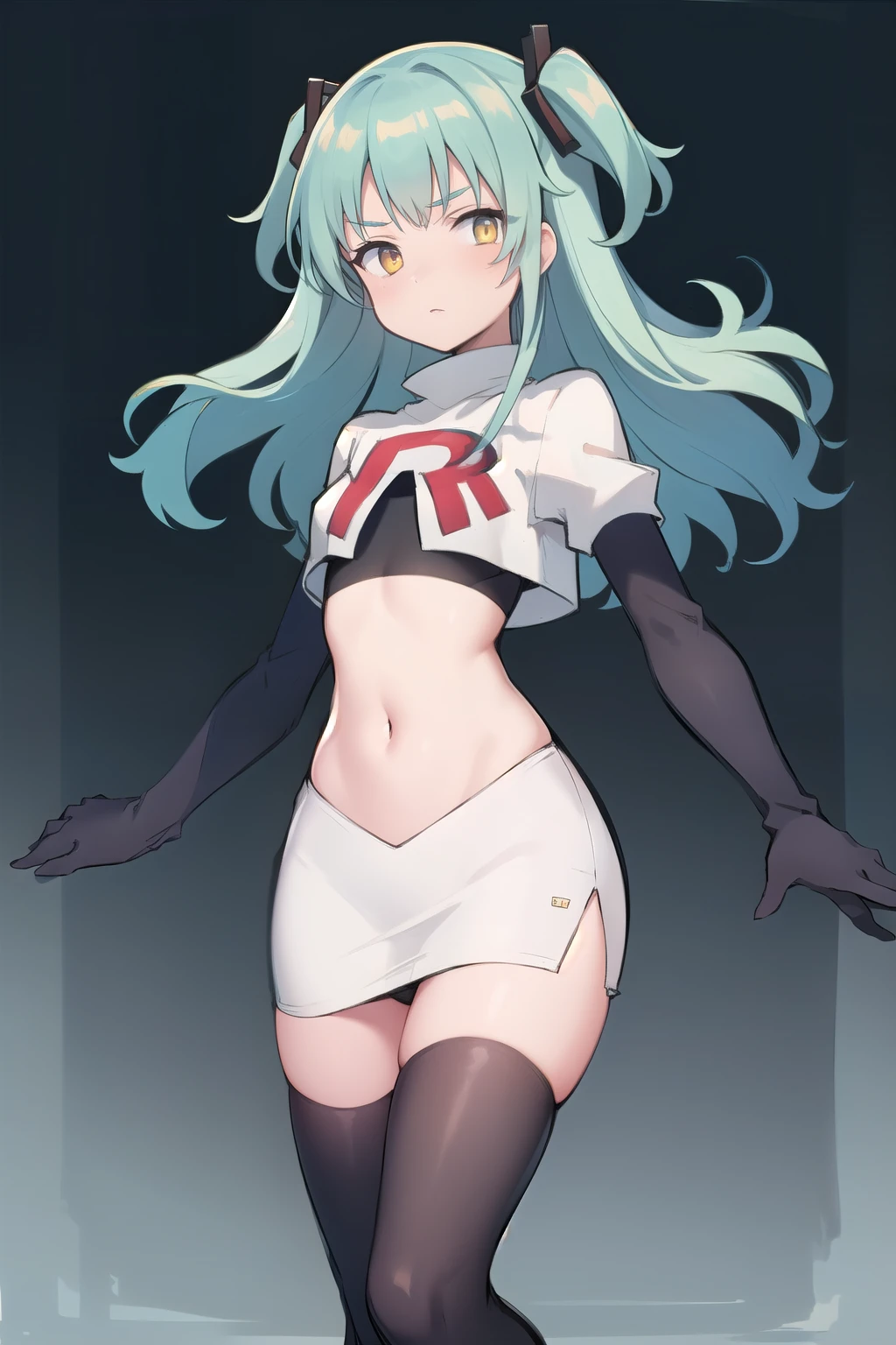 best quality, (masterpiece:1.2), illustration, absurdres,
(1girl, solo), (beautiful detailed girl),
Tio Plato, yellow eyes, aqua hair, long hair, two side up, small breasts,
fake animal ears,
team rocket,team rocket uniform,white skirt,red letter R,crop top,black thigh-highs,black elbow gloves,
looking at viewer,
in bamboo forest, stream,,
cowboy shot,