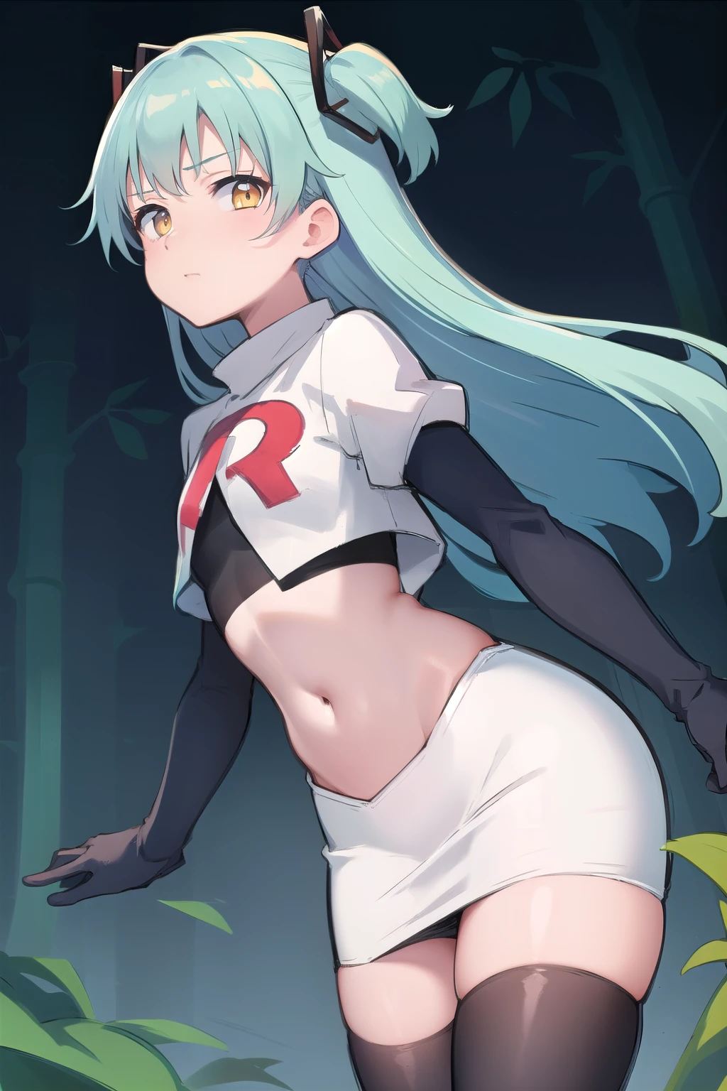 best quality, (masterpiece:1.2), illustration, absurdres,
(1girl, solo), (beautiful detailed girl),
Tio Plato, yellow eyes, aqua hair, long hair, two side up, small breasts,
fake animal ears,
team rocket,team rocket uniform,white skirt,red letter R,crop top,black thigh-highs,black elbow gloves,
looking at viewer,
in bamboo forest, stream,,
cowboy shot,