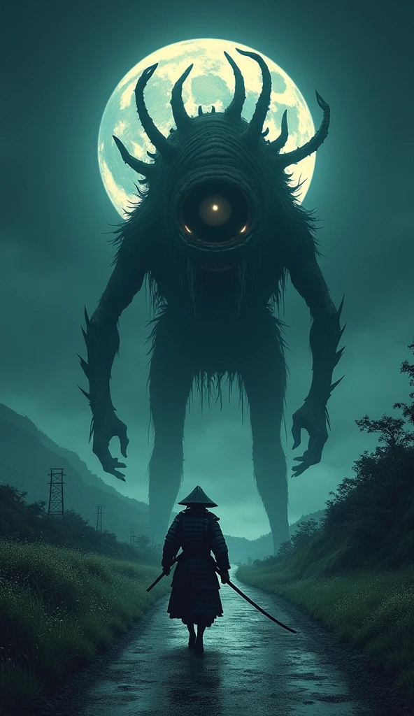 A samurai walking on a road at night to a Japanese city ends up encountering a creature that has a large eye in its anus.