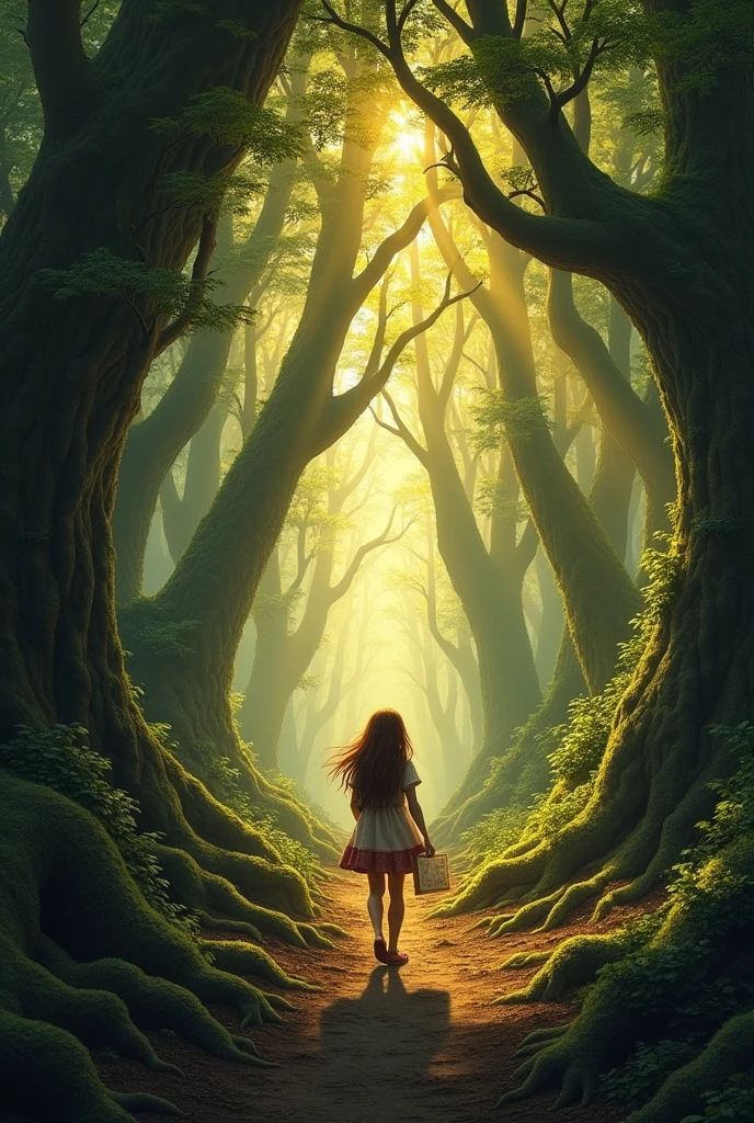 A dense, ancient forest, bathed in the golden light of dawn. The trees are huge, with twisted roots and moss covering the ground. A few rays of sunlight shine through the foliage, creating a mystical atmosphere. In the distance, Aline, a young woman with brown hair and a simple dress, walks with determination, holding an old map in her hand.