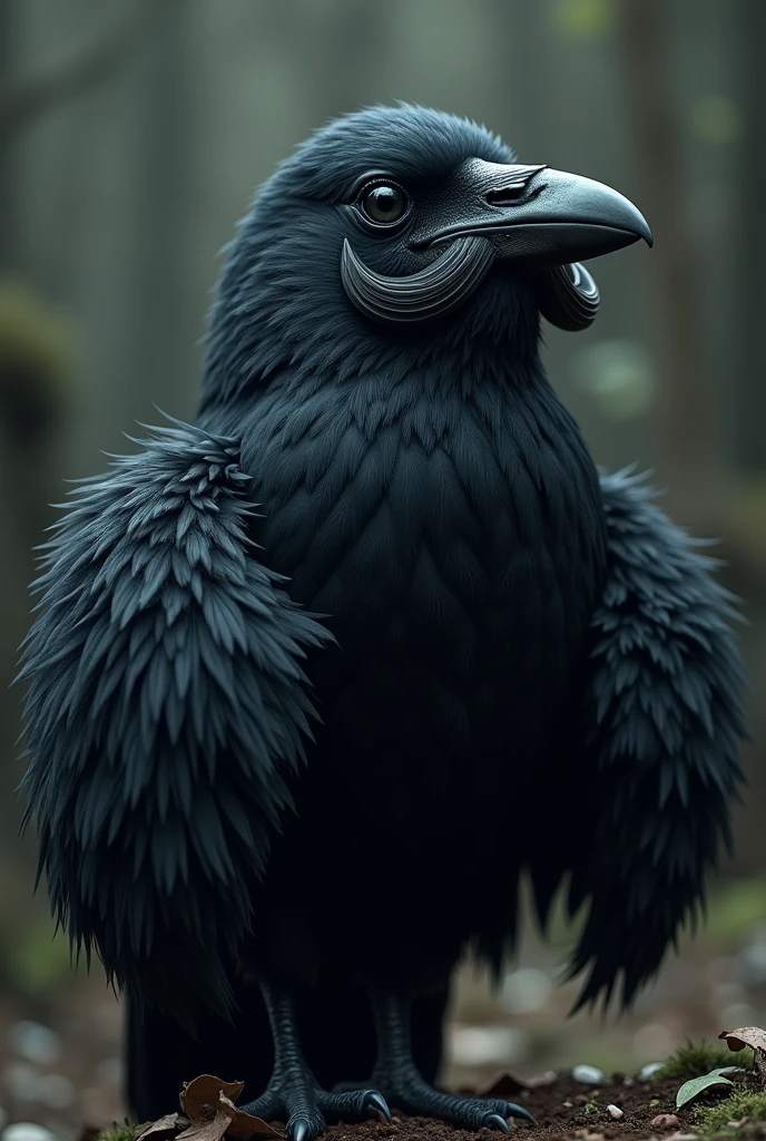 Create a crow with big, fluffy arms and a mustache
