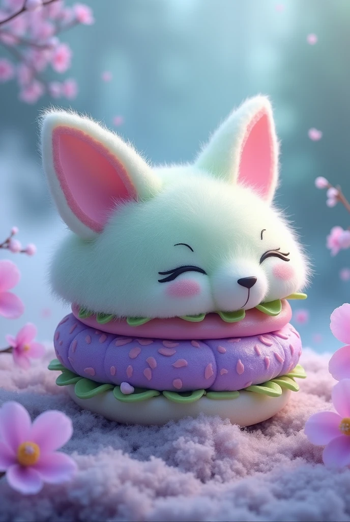 A realistic kitsune-themed burger/fox burger colors very pastel green and lilac purple in a harmonious way very eye-catching