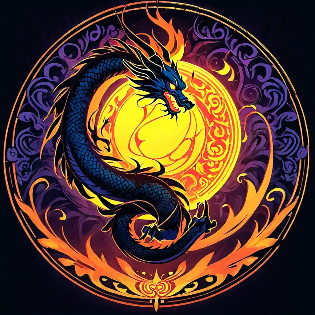(((black light poster art))), ((behind the mesmerizing circle of glowing ancient runes)), design a captivating and mystical representation of a ((Chinese dragon holding a magical sphere)), aura of power and richness, ((ethereal flameore Detail