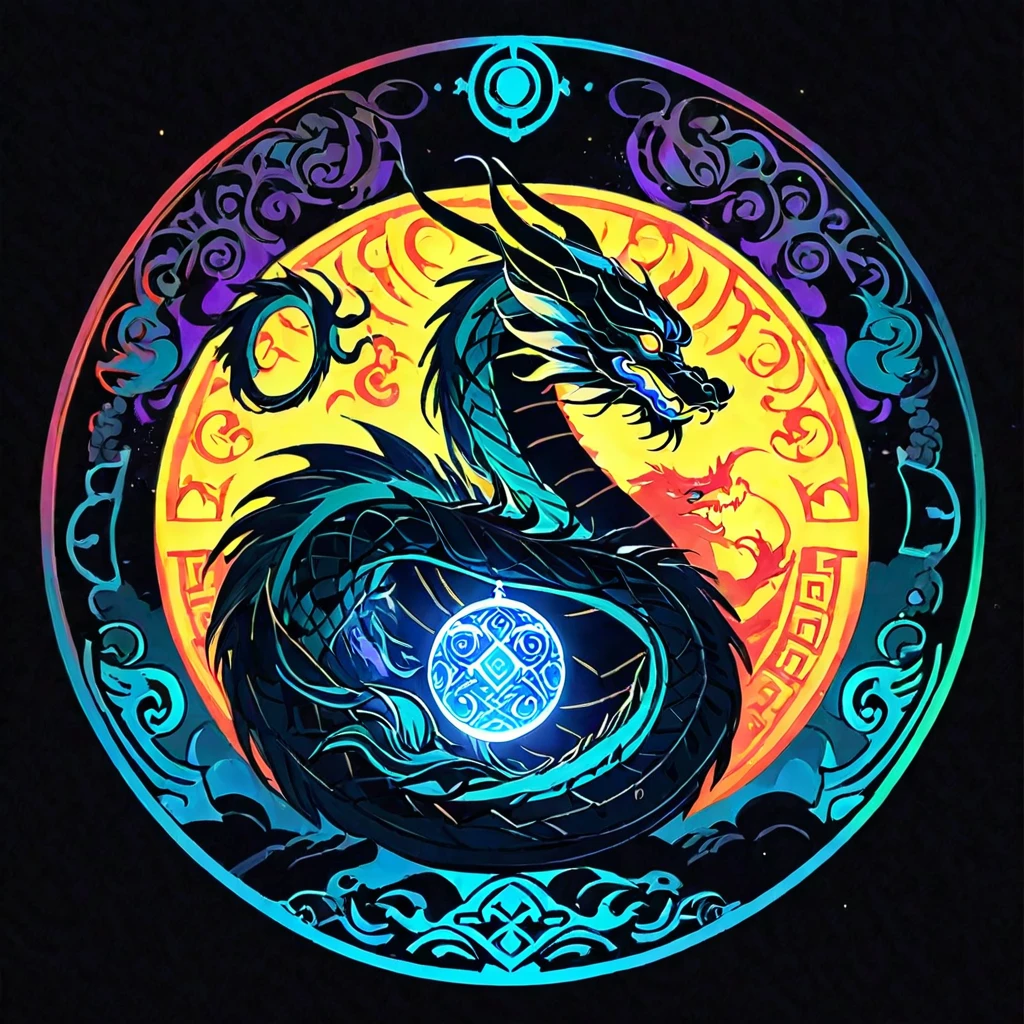 (((black light poster art))), ((behind the mesmerizing circle of glowing ancient runes)), design a captivating and mystical representation of a ((Chinese dragon holding a magical sphere)), aura of power and richness, ((ethereal flameore Detail