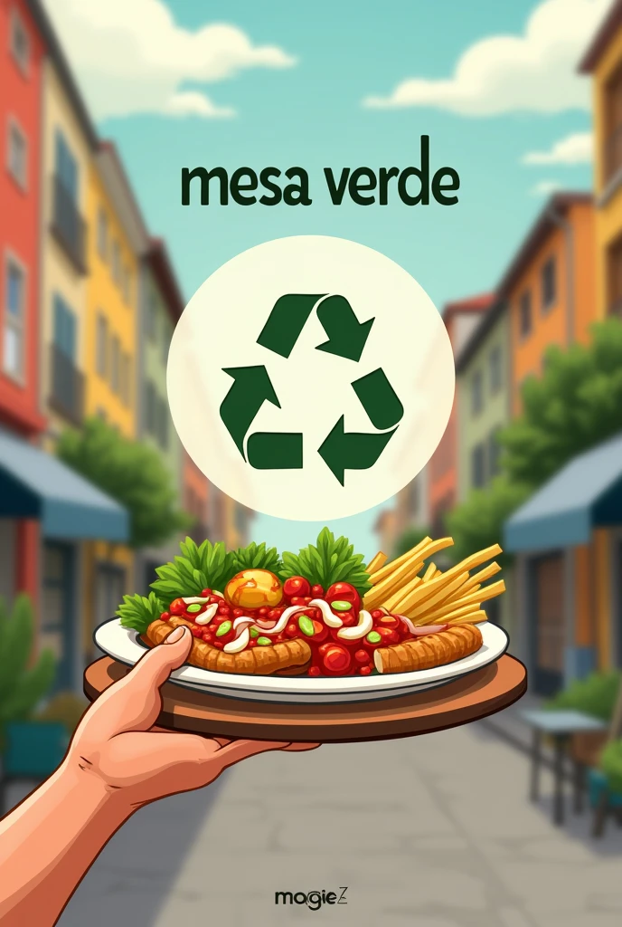 Create a logo for a sustainable project that reuses street food called mesa verde written in Portuguese 
, having as symbol a plate of food and the symbol of recycling