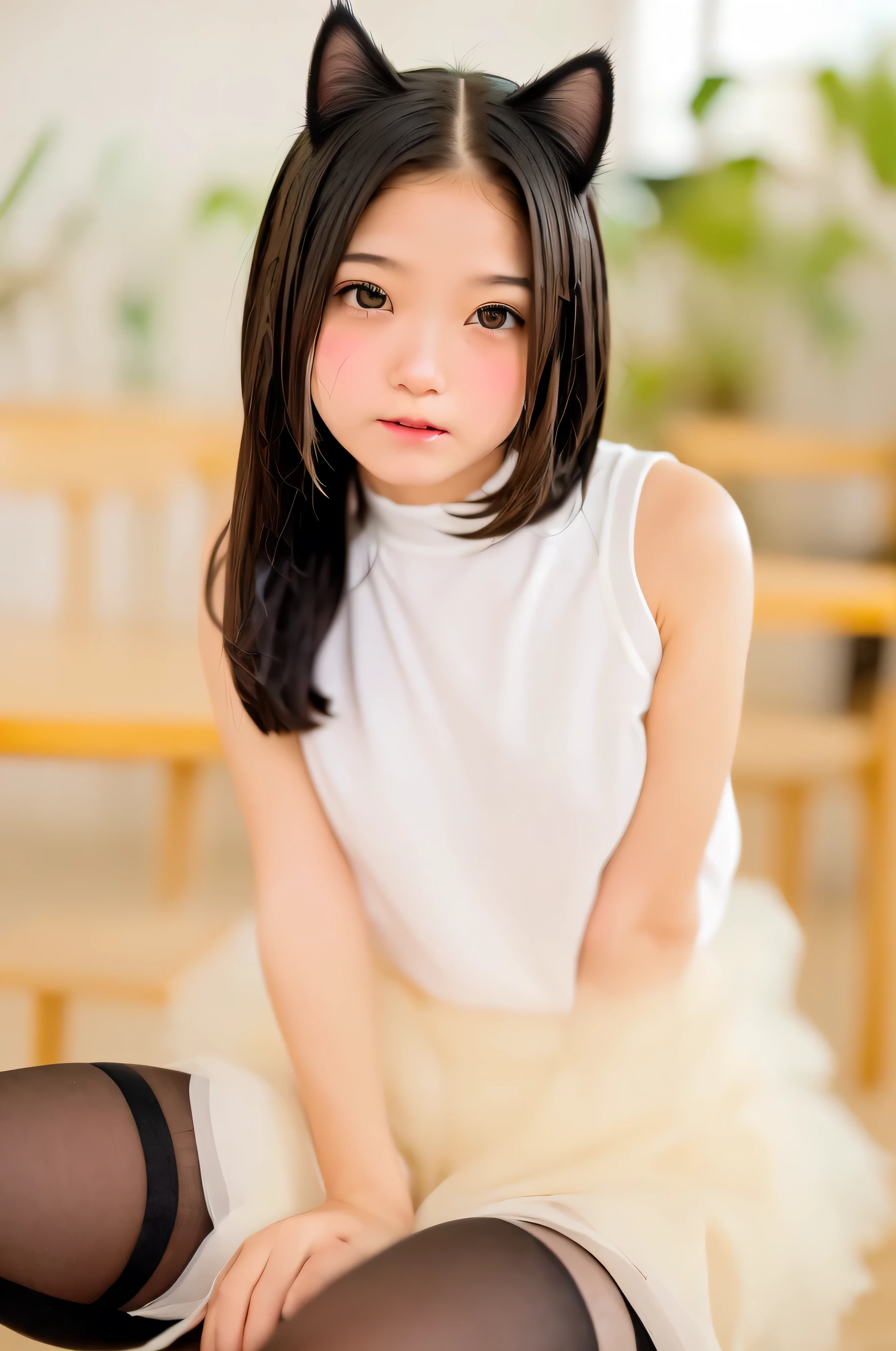 masterpiece, Bokeh, (Cat ear:1.4), Sitting on the beach at sunset, Looking at the audience, office lady, pantyhose,(masterpiece, Highest quality, It captures a very cute moment, Depth of written boundary, Super detailed, Ultra-high resolution, C4D, Octadale, 3D Modeling,Realistic human photos、 8k, 16K, One Girl,Middle school students, 15 years old、Small breasts,Black Hair,short hair,Straight Hair,Light brown eyes,Cute Face), Bloomers, Black tank top, zettai ryouiki, Wet clothes,Classroom Nights,Moonlight, Good elevator, Take off、Real-life skin、Not an anime、Realistic、