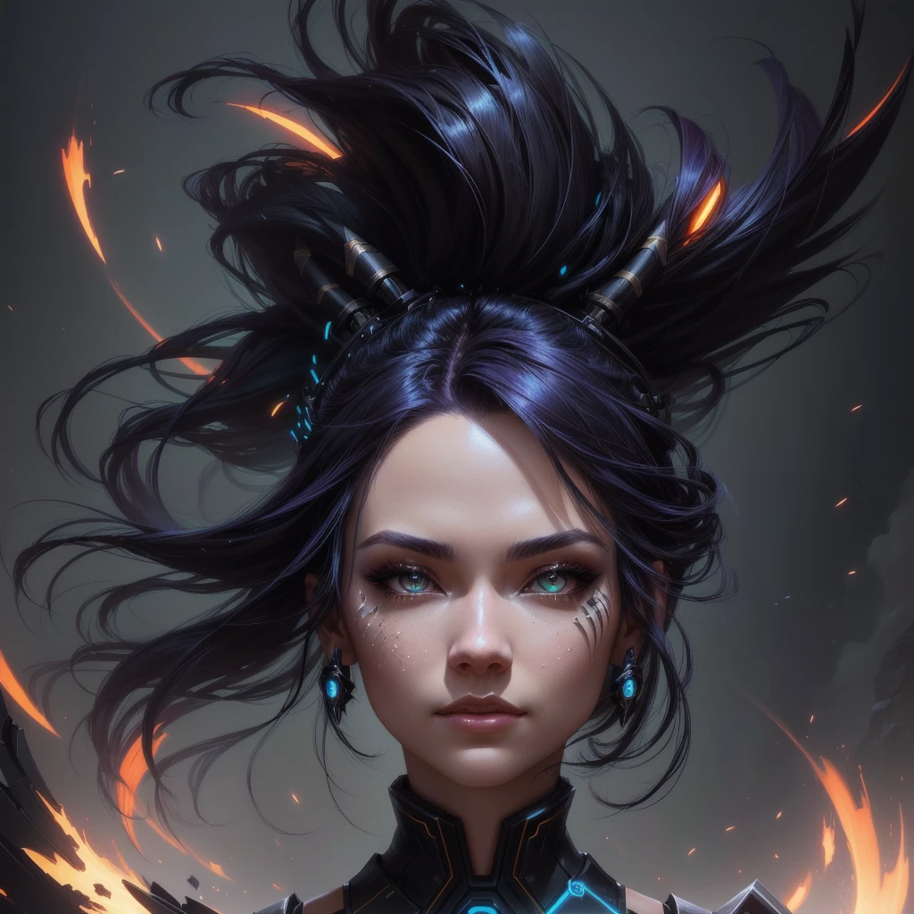 raven style hairs, sci-fi, a close up of a woman - sci-FI queen of the raven with a sci fiorer on her face, Mechanical raven IN HAIRS, fiol glowing eyes, hd , cinematic, cinematic light, dinamic,  rossdraws portrait, fantasy concept art portrait, wojtek fus, rossdraws 2. 0, rossdraws 1. 0, rossdraws digital painting, epic fantasy digital art style, cgsociety portrait, rossdraws global illumination, :: rossdraws, alexandra fomina artstation