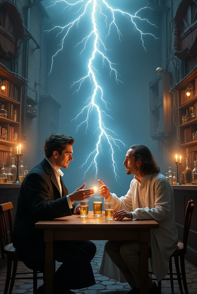 Create an image of Jesus' Last Supper with Nikola Tesla's characters , Michael Faraday and Benjamin Franklin Drinking in a bar and talking about science,the roof of the bar passes a bolt of thunder