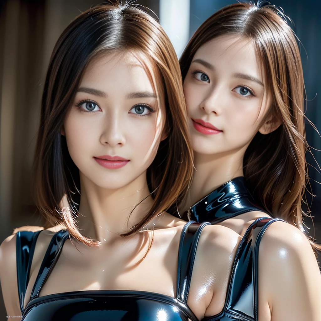 (((32K,very high res, high detailing, highly accurate,Masterpiece Girl 1))),Raw photo & realistic atmosphere,beautiful dark blue eyes,Detailed mouth,Glossy lips,Detailed eyebrows,Soft white skin that shines with every detail,,Eyes drawn in detail、Very beautiful eyes with azure eyes,Detailed lips、Very beautiful face,Very well-formed face、Lifelike face,shiny beautiful lips,Beautiful eyebrows,Infinite reality,Best design, ((Latex Bodysuit　Red))、smile