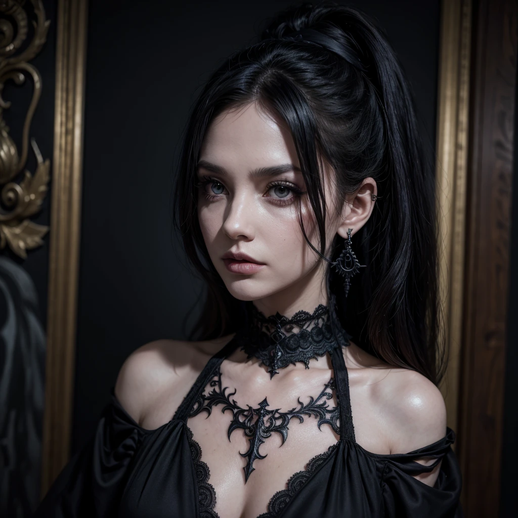 gothic woman, occultist, WITH A SCARY LOOK, and earrings, black gown, tattoo's 