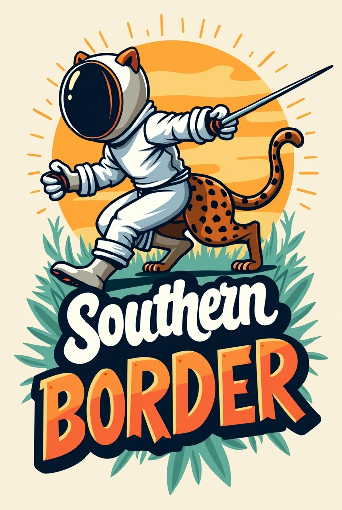 Vector illustration of a jaguar fencer, in cartoon style, and with a text that says "Southern Border" in Spanish using modern and creative typography 