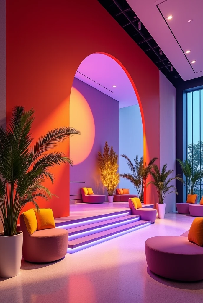 Corporate event decoration (marketing Week) with color reference: rot, purple, white and a little yellow