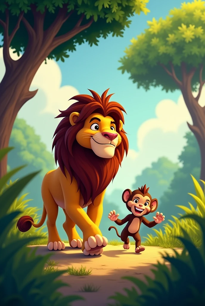 Animated image of a lion walking through the jungle with a wider background, Then the lion and the monkey start playing under the tree., running together to the right
