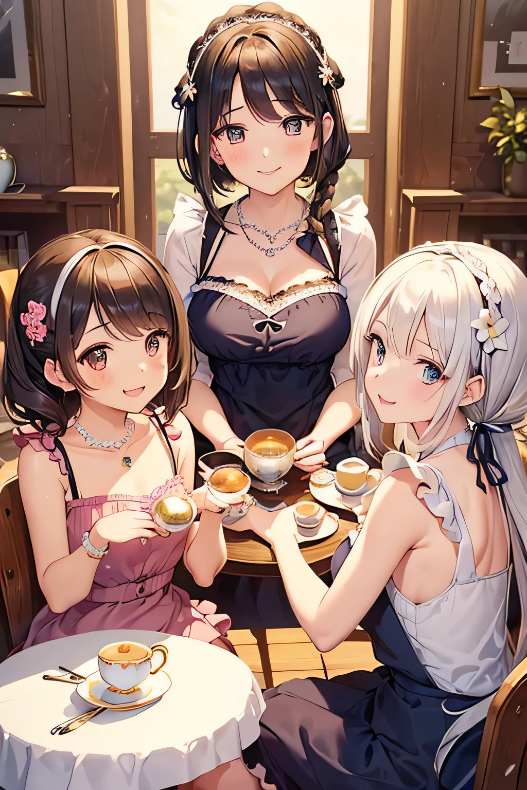 Highest quality、High resolution、Detailed Background、(Beautiful face in every detail:1.4)、Anatomically correct、(Normal number of fingers:1.2)、Detailed facial expressions、(Detailed eyes)、Teenage beauty、(Highly detailed face:1.4)、Light color hair、ponytail、Bobcut、Braided long hair、Wavy Hairstyle、well-groomed eyebrows、Cute Eye Makeup、Cute Lip Makeup、Calm atmosphere、Tea time at the cafe、A big smile、smile、

(Three women enjoying tea time at a cute cafe:1.5)、

Flared silhouette dress、Camisole dress with frills and lace、A-line dress with ribbon and flower motif、A clean base color such as white、Ribbon and flower hair accessories、Pearl and jewel necklaces、bracelet、Gorgeous yet feminine、very beautiful