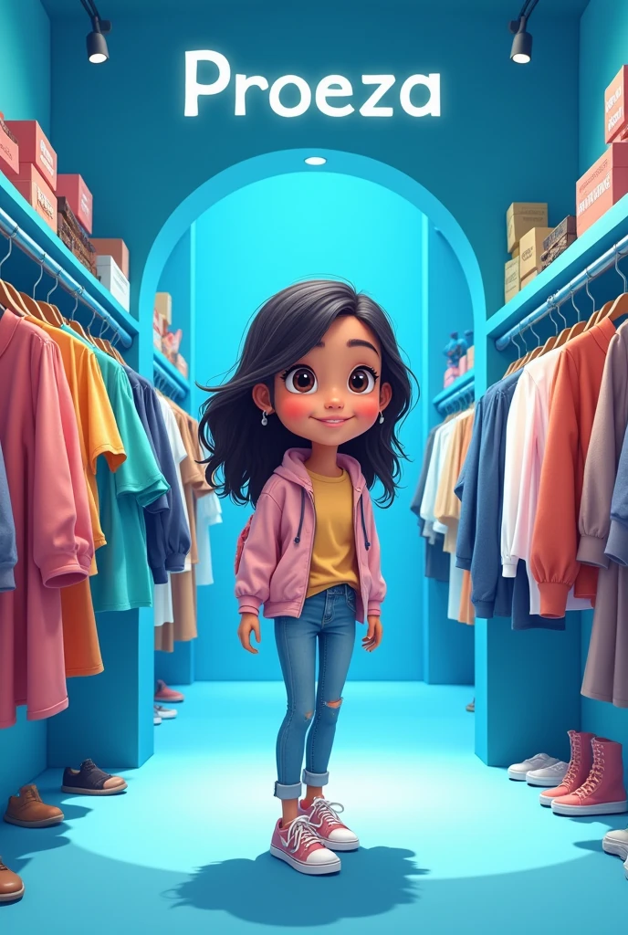A girl attending a blue clothing store called Proeza in cartoon
