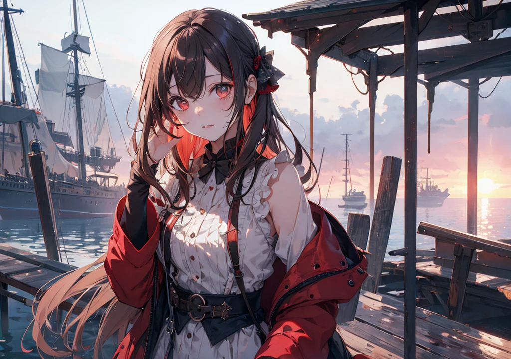 Realistic photos, Focus distance 10mm, Red and white, Beautiful girl, Realistic photos, Shooting at focus distance 10mm, masterpiece, 最high quality, high quality, Very detailed CG 8k wallpaper unit, Award-winning photography, Depth of written boundary, High resolution, bloom, chromatic aberration, Realistic, Very detailed, Art Station Trends, CGsociety Trends, Complex, High detail, dramatic, Art on the go, volumetric lighting, On a pier on a lake shrouded in mist, a beautiful zombie girl stares blankly at the water. Behind her lies an old, dilapidated boat