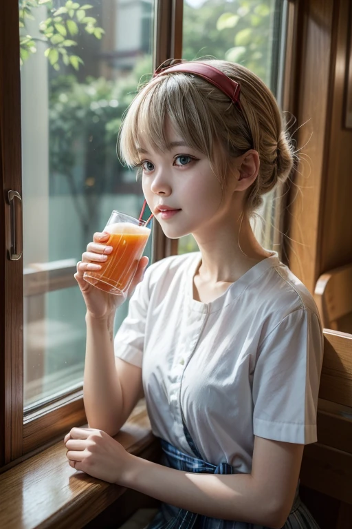 1 girl, Ayanami, Evangelion, 8K, best quality, gentle smile, japanese cloth, looking out the window, more details,Drinking juice, summer, cool style, bright colors,sunlight