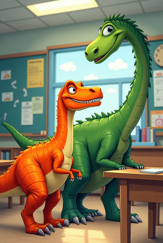 Create a drawing for a book featuring an orange Velociraptor and a green Brachiosaurus in a classroom