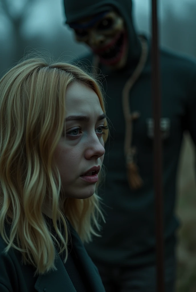 Billie Eilish with her boyfriend Romain Davigny in the horror film "the curse of the scarecrow " the scene where Romain saves Jenna Ortega and then gets pierced in the stomach by the scarecrow&#39;s rusty hook in front of Billie Eilish with blonde hair in 2023 mode